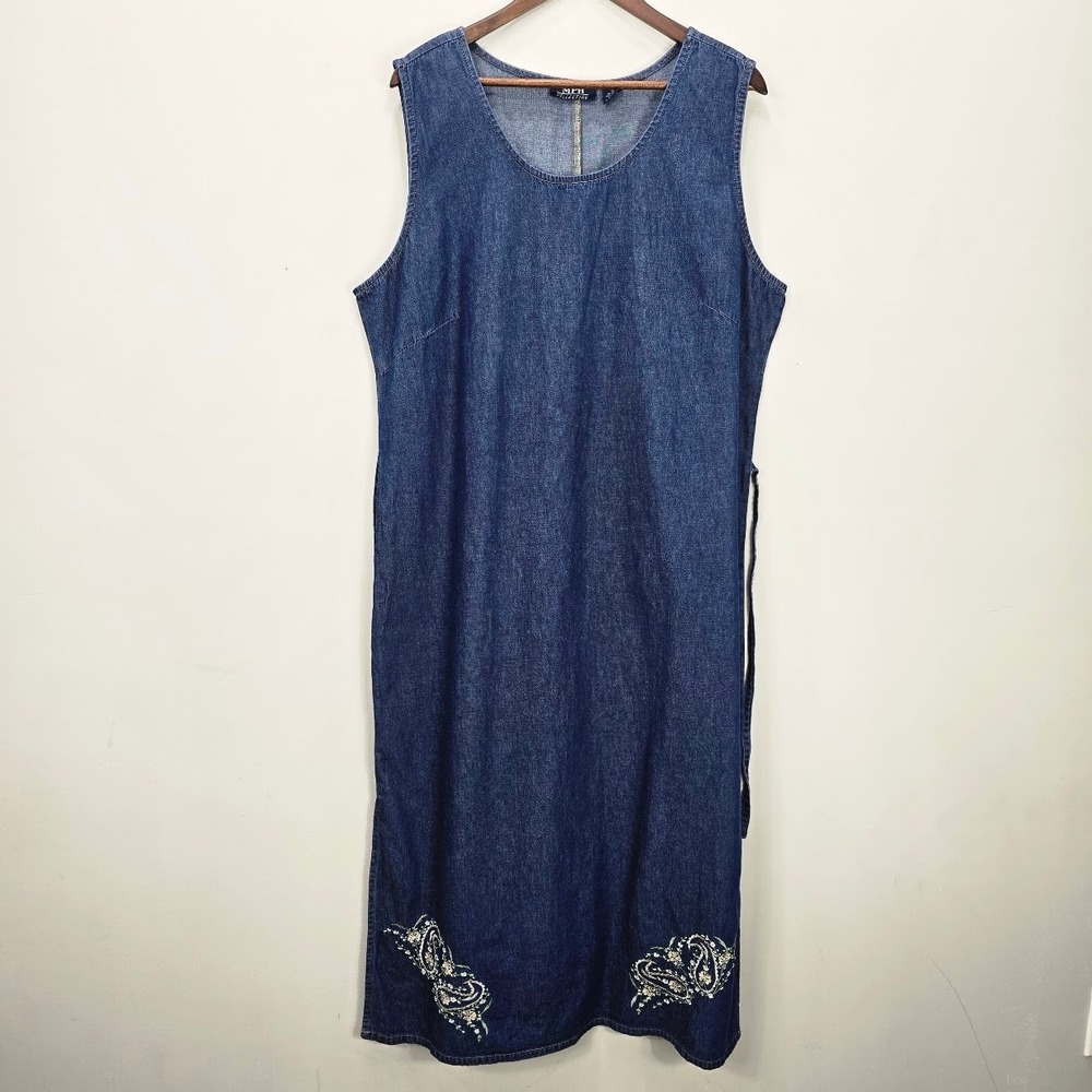 Vintage MPH Collection Denim Maxi Dress 1X Embroidered Western Prairie Cottage